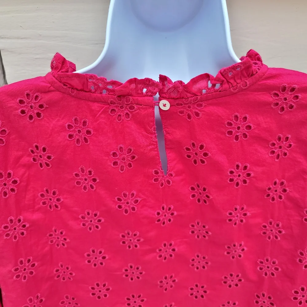New! J.Crew sz Large L Ruffleneck Eyelet-Yoke Top in Berry Red NWT